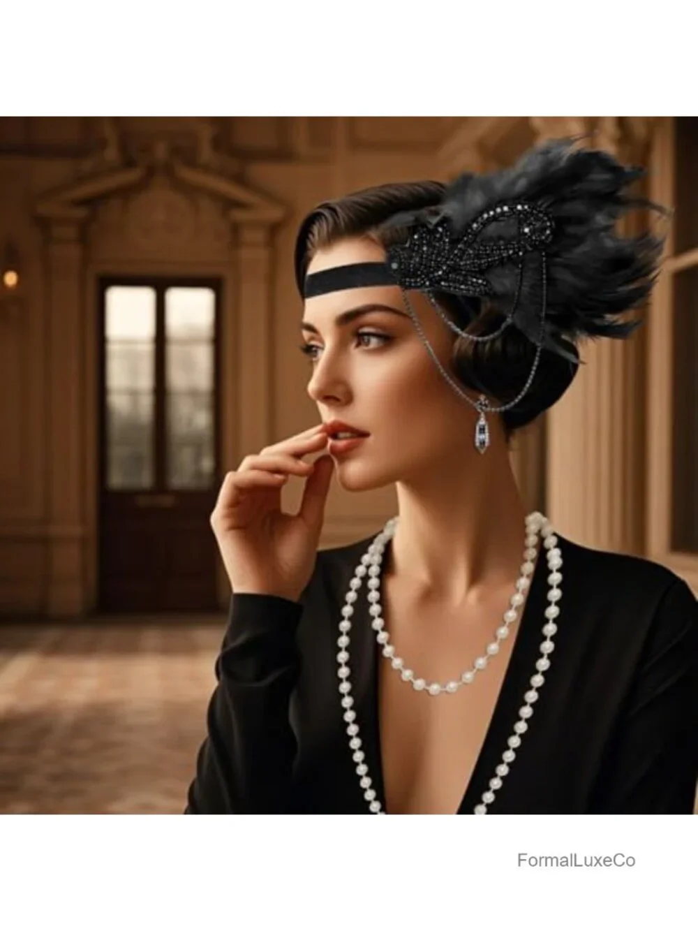 Gatsby Costume Accessory Set Flapper Headband Pearl Necklace Bracelet Gloves